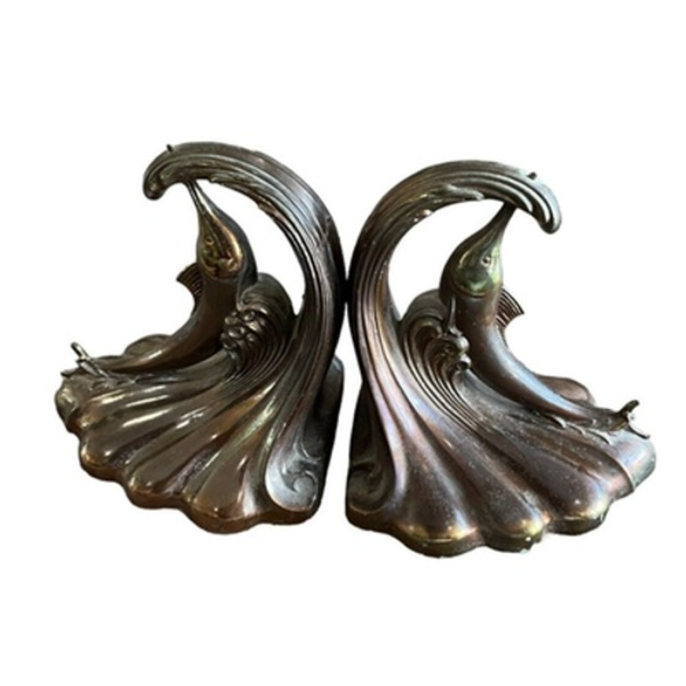 Vintage Dodge Inc Art Deco Swordfish Marlin Wave Bronze Finish Bookends Set